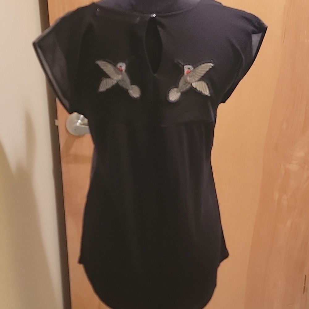 Desigual Green Women's Blouse with Beaded Neckline And Hummingbirds On Back M.